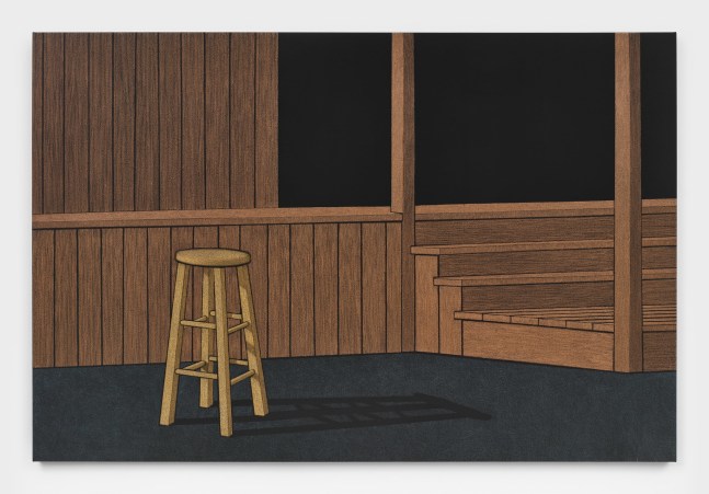 An oil pastel painting of a wooden stool in an empty wooden room with stairs leading into pitch black.