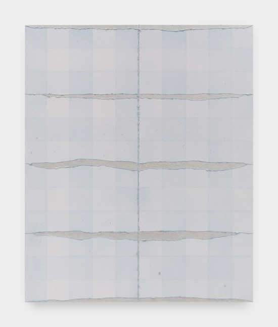 A painting on canvas of plaid in shades of gray and blue with a thin blue vertical line and three gray horizontal slashes at the center.