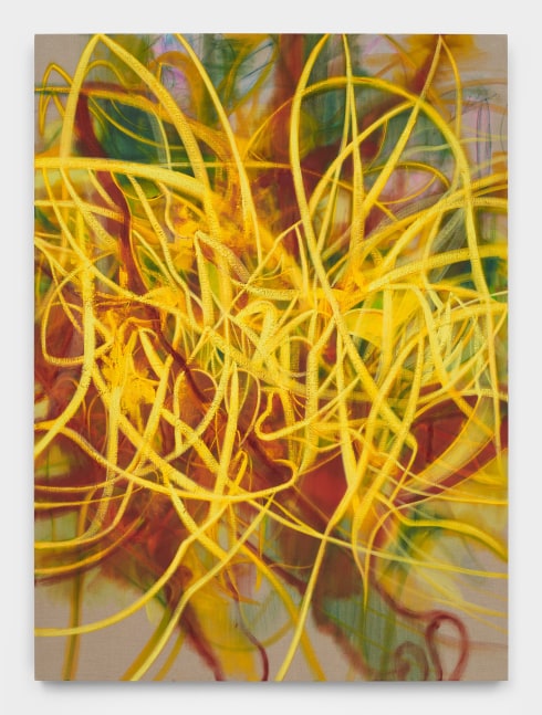 An abstract painting made with vibrant yellow lines on top of subdued reds and oranges.