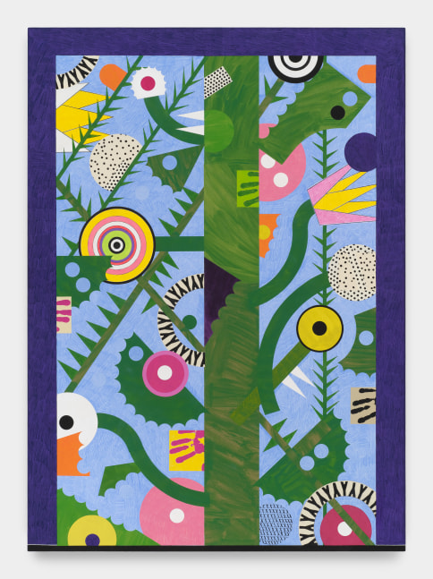 A collaged painting with a navy border and pale blue background with green stems and colorful bullseye flora and blossoms.