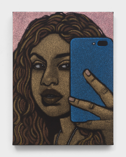 An oil pastel painting of a woman taking a selfie in a mirror on a smartphone.