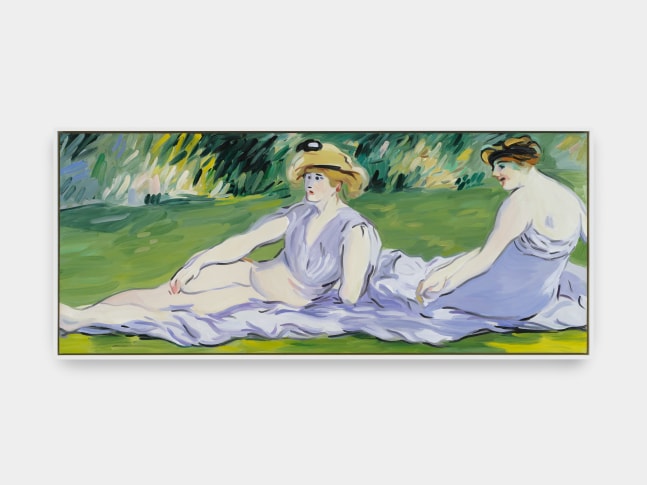 A painting of an AI generated image in the style of Édouard Manet depicting two figures draped in fabric laying on the grass.