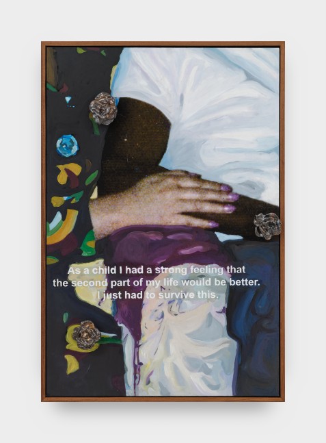 A digital printed photograph of a two people holding hands with painted details and a ceramic rose protruding from the picture plane.