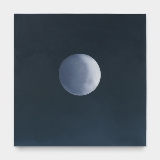 A dark blue gray painting of a moon in the center