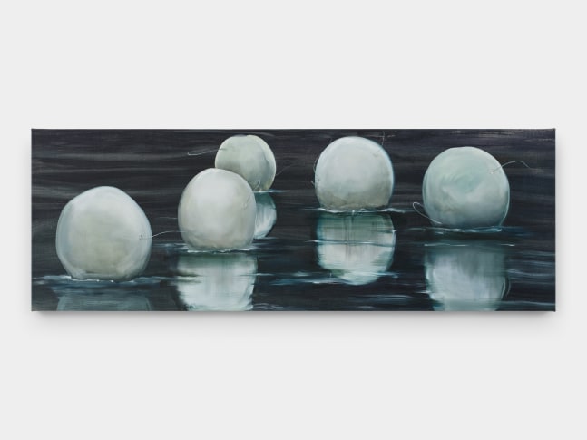A painting of five green hued ovums afloat in a reflective pool being penetrated by sperm.