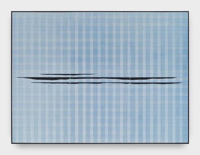 A painting on canvas of various blue tones in plaid with three horizontal black slashes through the center.