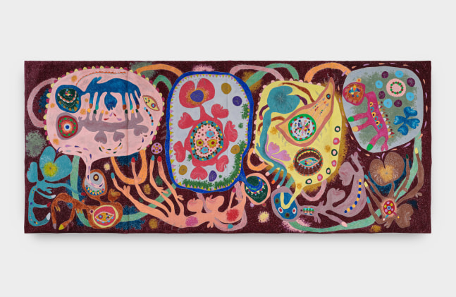 A large four panel work in vibrant purple, pink and blue tones of anthropomorphic interlocking shapes.