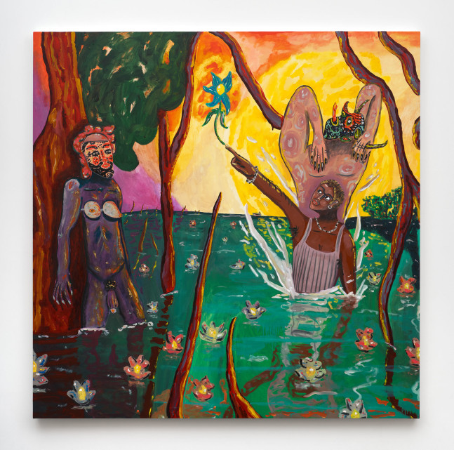 A painting of three people partially submerged in green waters filled with flowers and twigs