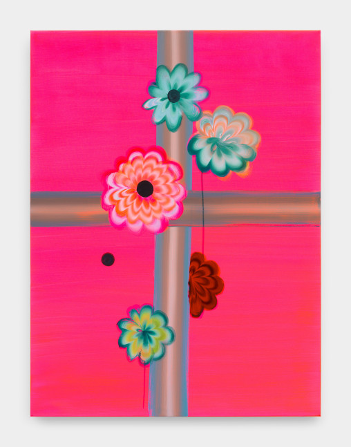 A bright pink painting with a blue and orange cross in the center with five flowers