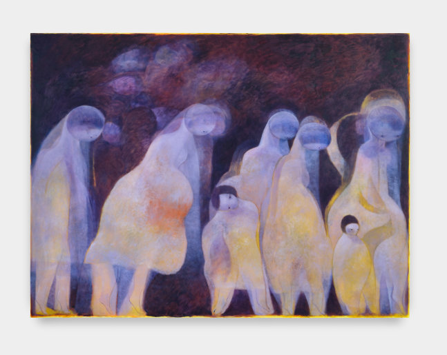 A large painting in hues of deep to pale purple and yellow of five figures looking downward and two childlike figures in a line.