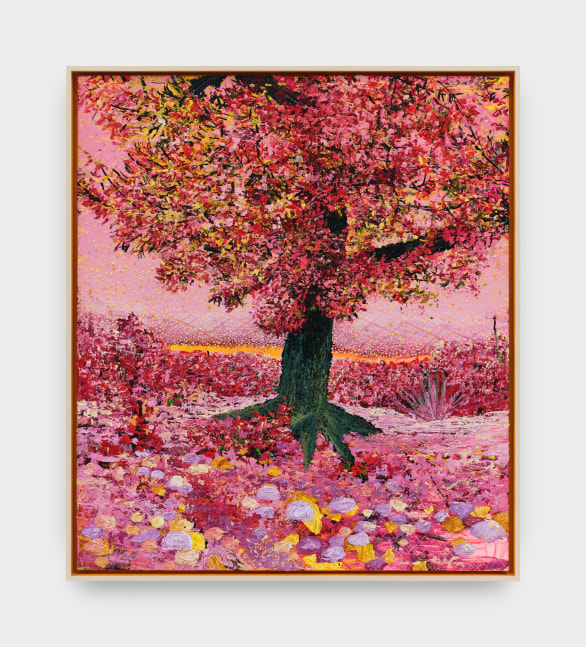 This piece consists of vivid reds, yellow, and multiple shades of pink. Together, the pigments illustrate a scene of a tree with a dark gray trunk at the center of canvas. A hill in the background and colorful fallen leaves at the foreground.