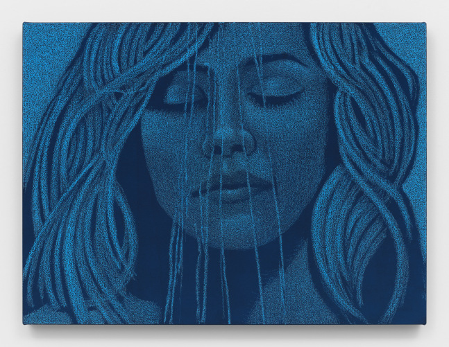 A painting made with blue oil pastels of a a woman with her eyes closed and liquid streaming down her face.