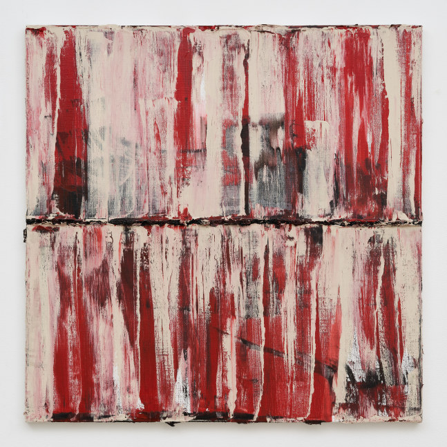 A square textured painting with red undertones and light cream swatches layered overtap making a loose grid shape with a raised line of pigment across the center.