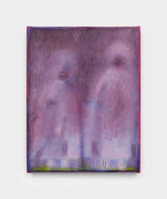 A small painting in pale and deep purples hues depicting two small faintly rendered figures with their dark eyes looking at the viewer.