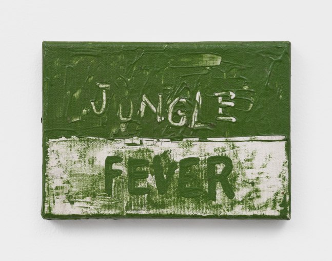 A green and white painting horizontally split in two with the top half reading &quot;JUNGLE&quot; and the bottom reading “FEVER&quot;