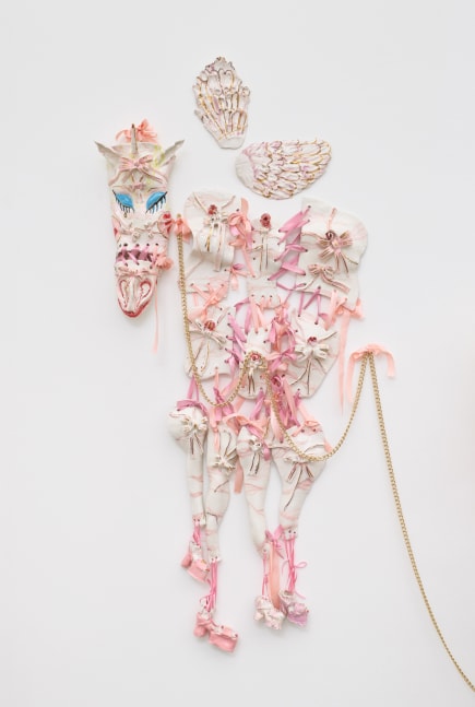 Dora Diamant, 2020 faïence, sugar glaze, gold lustre, gold leaf, ribbons, gold chain Dimensions variable, Overall: 77 x 34 1/2 x 6 1/2 in (195.6 x 87.6 x 16.5 cm)