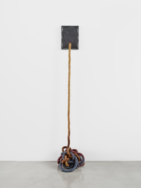 Up a Rope, 2023 cast aluminum, rope, pigment, encaustic ​​​​​​​72 x 20 x 16 in (182.9 x 50.8 x 40.6 cm)