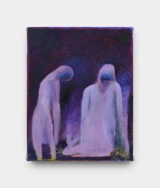 A small painting of two softly rendered lavender figures with dark eyes looking at the viewer against a dark violet background.