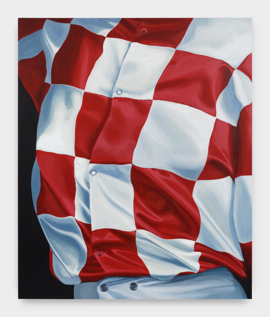 A painting depicting the torso of a jockey in white and red checkered silks.