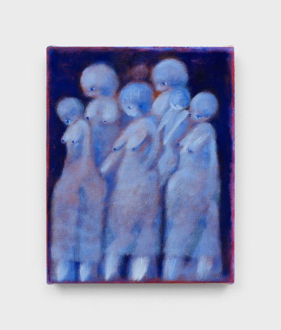 A small painting of six pale blue female figures seemingly walking toward the left side of the canvas against a dark violet background.