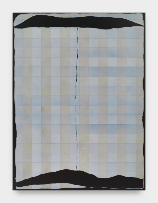 A painting on canvas of plaid in shades of blue, green, and taupe. With two wide black horizontal slashes at the top and bottom of the painting. A thin vertical black jagged line at the center.