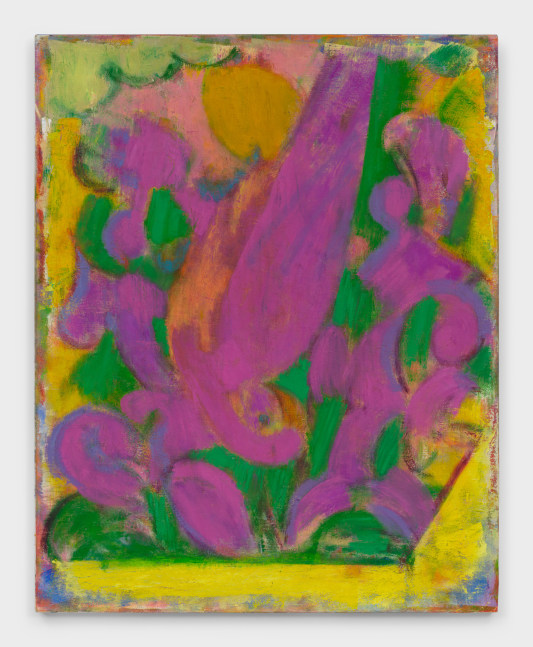 A painting by Michael Berryhill titled &quot;Good Fortune,&quot; which shows purple and green shapes against a yellow background