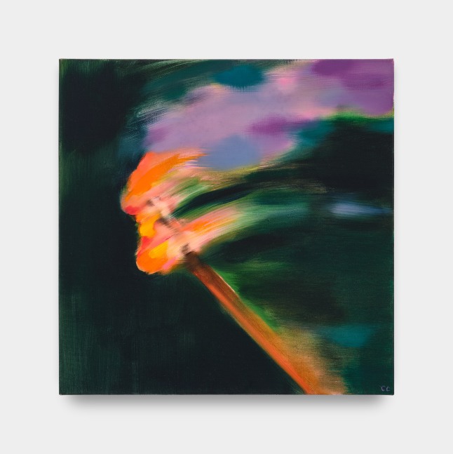 A painting of a fire bearing torch in motion in streaks of orange and purple against a green background.