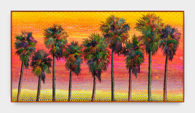 This artwork uses shades of yellow, orange, red, coral ,and faded mauve to created a sunset background while vibrant green palm trees sit as the focal point of this acrylic on canvas pieces. Spots of sunset light can be seen through some of the leaves on the trees.