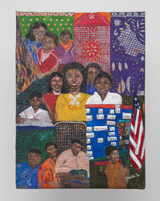 Pacita Abad (1946-2004)
New kids in class, 1994
Acrylic, oil, cloth, sequins, buttons, beads on grid-like background, stitched and padded canvas
86 x 69 inches
218.4 x 175.3 cm