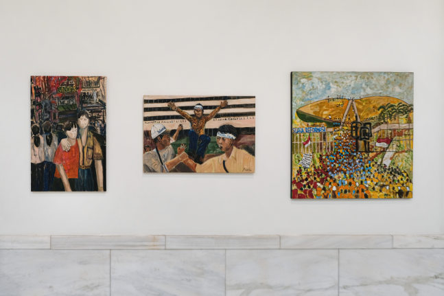 (From the left) Installation view of Pacita Abad,&amp;nbsp;Orang China,&amp;nbsp;1998,&amp;nbsp;Amien Rais,&amp;nbsp;1998, and&amp;nbsp;Students take hold of MPR,&amp;nbsp;1988&amp;nbsp;at&amp;nbsp;Carnegie Museum of Art.&amp;nbsp;Image courtesy of Pacita Abad Art Estate and Tina Kim Gallery.