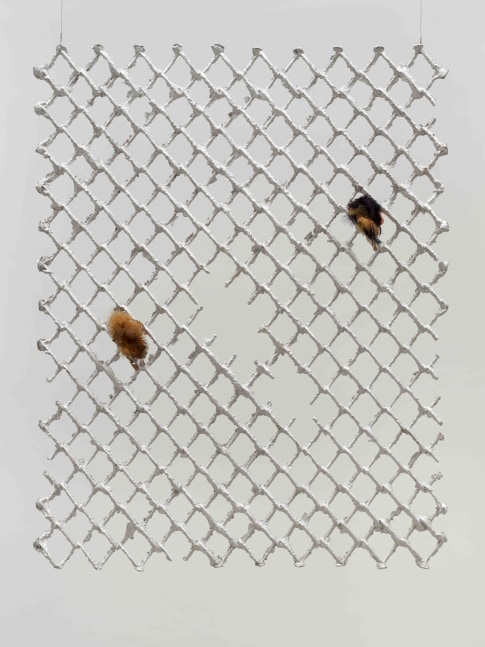 Tania P&amp;eacute;rez C&amp;oacute;rdova (b. 1979)
Una reja en una reja 5 / A fence into a fence 5, 2022
Aluminum, bird feathers for crafts and clay
39 3/8 x 30 23/32 x 1 31/32 inches
100 x 78 x 5 cm