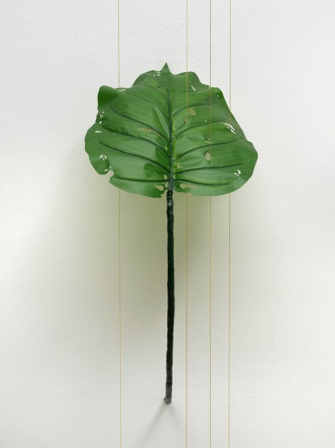 Tania P&amp;eacute;rez C&amp;oacute;rdova (b. 1979)
Alocasia Odora (40% chance of rain), 2022
Iron, epoxy clay, plastic, acrylic, gold plated brass chain, patterns of leaf damage
27 1/2 x 12 3/4 x 12 3/4 inches
70 x 32.5 x 32.5 cm