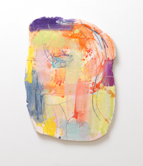 Ghada Amer (b. 1963)  Portrait of a Girl in an Abstract Composition #3, 2014  Glazed stoneware with colored slip and majolica wash  27.25 x 19.75 x 1 inches  69.2 x 50.2 x 2.5 cm