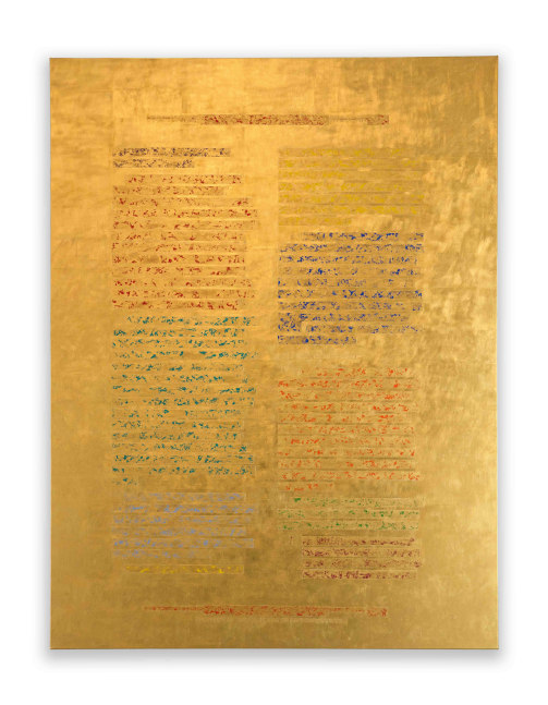 Jenny Holzer (b. 1950)
Attribution is a Bear, 2018-22
24k gold leaf, hand-colored Kozo paper, oil on linen
58 x 44 x 1 1/2 in
147.3 x 111.8 x 3.8 cm