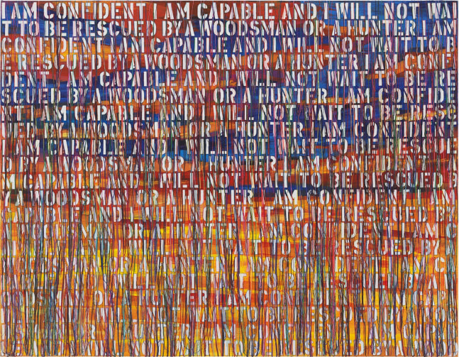 Ghada Amer (b. 1963) The Hunter-RFGA, 2020 Acrylic, embroidery, an gel medium on canvas 42 x 50 inches 106.7 x 127 cm