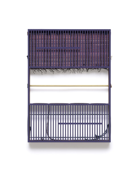 Suki Seokyeong Kang (b.1977)
Mat 55 x 40 #19-14, 2019
Painted steel, woven dyed Hwamunseok, thread, wood frame, brass bolts, leather scraps
22.44 x 16.54 x 1.97 inches
57 x 42 x 5 cm
