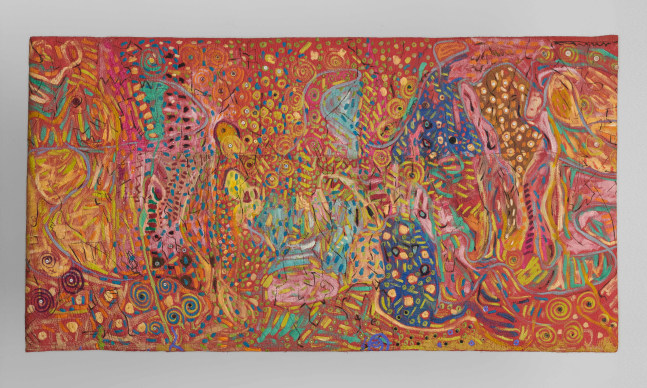 Pacita Abad (1946-2004)
Colorful Nights, 1996
Oil, mirrors, buttons, plastic pearls stitched on canvas
59 x 110 in
149 7/8 x 279 3/8 cm