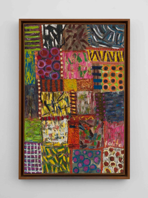 Pacita Abad (1946-2004)
From the Window of My Studio, 2003
Oil, painted cloth, painted tin, stitched on canvas
35 x 24 inches
88.9 x 61 cm
Framed dimensions:
38 1/4 x 38 1/4 x 1 3/4 in
97.2 x 97.2 x 4.4 cm