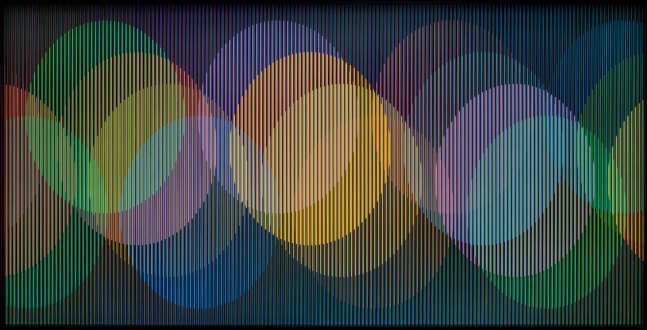 Carlos Cruz-Diez
Cromointerferencia Espacial 48, 1964-2017
Chromography on aluminium, elastic bands

100h x 200w cm

39 10/27h x 78 20/27w in

&amp;nbsp;
