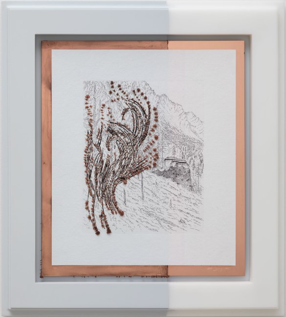 Defensible Space, 2019
Etching in black ink on hand-dyed paper with electro formed copper in high-density polyethylene frame
20 1/2 x 18 1/2 inches&amp;nbsp;
Edition of 12