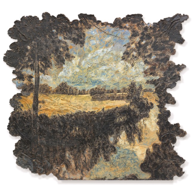 Door to the River

Oil and papier-m&amp;acirc;ch&amp;eacute; with burlap on aircraft aluminum and balsa wood panel 96 &amp;times; 96&amp;quot; 1992
