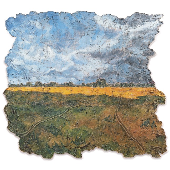 The Mustard Field

Oil and papier-m&amp;acirc;ch&amp;eacute; with burlap on foam core panel 96 &amp;times; 94&amp;quot; 1987