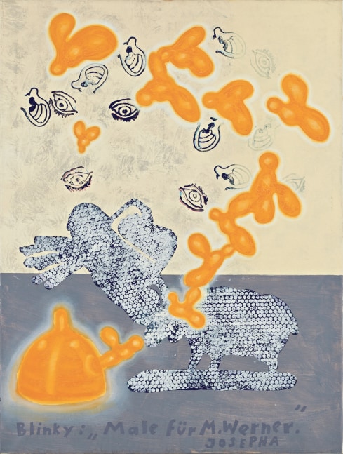 J&amp;ouml;rg Immendorff

&amp;ldquo;Blinky: &amp;lsquo;Male f&amp;uuml;r M.Werner.&amp;rsquo; Josepha (Blinky: &amp;lsquo;Paint for M. Werner.&amp;rsquo; Josepha)&amp;rdquo;, ca. 2004

Oil on canvas

47 1/4 x 35 1/2 inches

120 x 90 cm

JI 1124/L