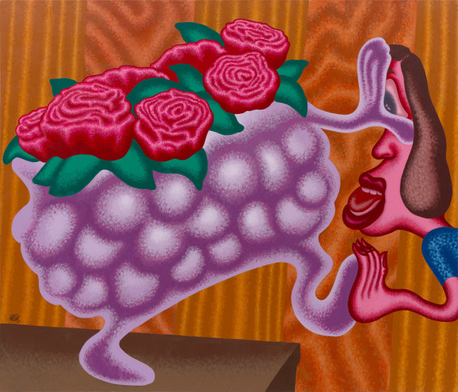 Peter Saul

&amp;ldquo;Argument with a Bowl of Flowers&amp;rdquo;, 2024

Acrylic on canvas

72 x 84 inches

183 x 213.5 cm

SAU 2024/004