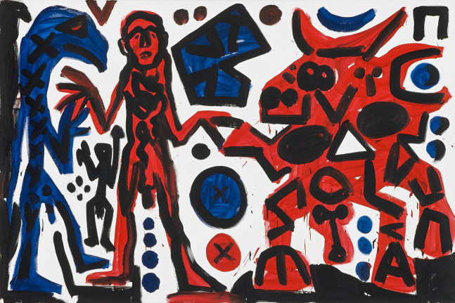 A.R. Penck

&amp;ldquo;Mann, Adler, Stier (Man, Eagle, Bull)&amp;rdquo;, 1995

Acrylic on canvas

78 3/4 x 118 inches

200 x 300 cm

RP 877