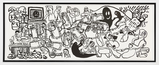 Paul Chan

die Seuche (epidemic), 2020
Ink on paper
Paper: 50 1/2 x 136 inches (128.3 x 345.4 cm)
Frame: 54 1/2 x 140 x 2 7/8 inches (138.4 x 355.6 x 7.3 cm)