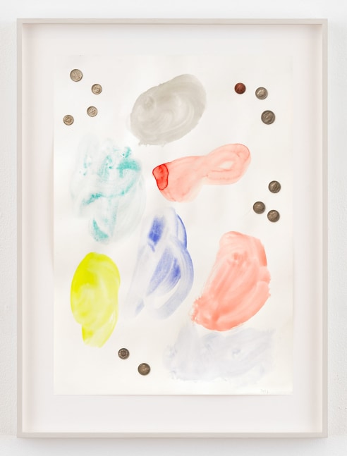 Monika Baer
Insult to the Eye, 2021
Watercolor and coins on paper
Paper: 23 1/2 x 16 1/2 inches (59.7 x 41.9 cm)
Frame: 29 1/4 x 21 3/4 x 1 3/8 inches (74.3 x 55.2 x 3.5 cm)