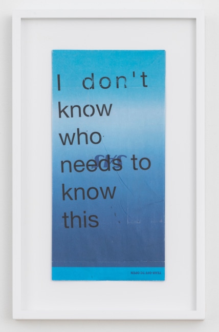 Cory Arcangel

I don&amp;#39;t know who needs to know this,&amp;nbsp;2020

Hewlett Packard home office Laserjet on found Scandinavian Airlines vomit bag

Paper: 10 x 5 inches (25.4 x 12.7 cm)

Frame: 13 1/4 x 8 1/4 x 1 3/8 inches (33.7 x 21 x 3.5 cm)