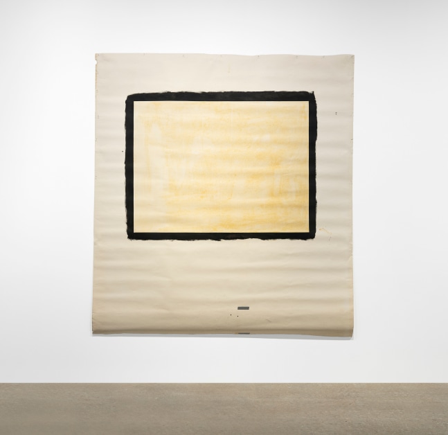 Tony Conrad

Yellow Movie 3/5-6/73, 1973

Emulsion: Clear gloss varnish, Super Valspar No. 10, thin textured

Base: Studio white seamless paper

114 x 106 inches (290 x 270 cm)

(TC.014.73)