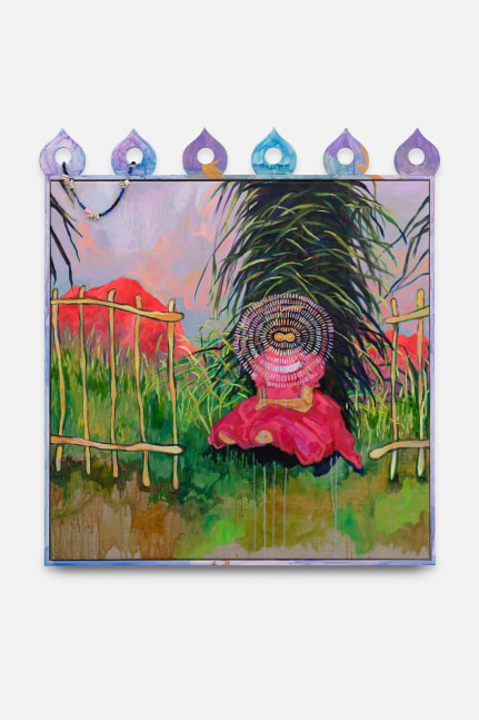 Alberta Whittle
The girl I saw was myself not quite myself
2023
Acrylic on linen, painted wooden frame with fretwork
45 1/2 x 41 3/4 x 2 1/8 inches